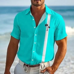 Best OUKU Men's Shirt Summer Shirt Casual Shirt Beach Shirt Button Up Shirt Yellow Light Blue Short Sleeve Coconut Tree Lapel Vacation Hawaiian Print Clothing Apparel Polyester Fashion Casual Comfortable