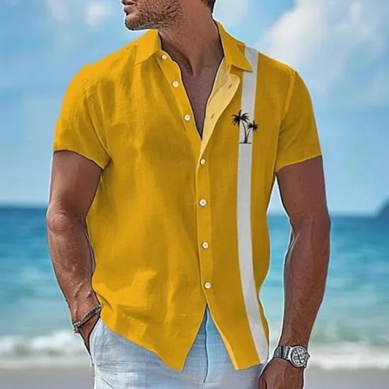 Best OUKU Men's Shirt Summer Shirt Casual Shirt Beach Shirt Button Up Shirt Yellow Light Blue Short Sleeve Coconut Tree Lapel Vacation Hawaiian Print Clothing Apparel Polyester Fashion Casual Comfortable