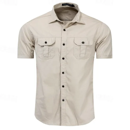 Outlet OUKU Men's Shirt Summer Shirt Casual Shirt Work Shirt Button Up Shirt Royal Blue khaki Army Green Short Sleeve Plain Lapel Vacation Holiday Front Pocket Clothing Apparel 100% Cotton Fashion Casual