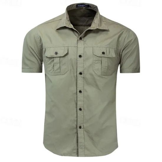 Outlet OUKU Men's Shirt Summer Shirt Casual Shirt Work Shirt Button Up Shirt Royal Blue khaki Army Green Short Sleeve Plain Lapel Vacation Holiday Front Pocket Clothing Apparel 100% Cotton Fashion Casual