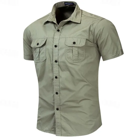Outlet OUKU Men's Shirt Summer Shirt Casual Shirt Work Shirt Button Up Shirt Royal Blue khaki Army Green Short Sleeve Plain Lapel Vacation Holiday Front Pocket Clothing Apparel 100% Cotton Fashion Casual