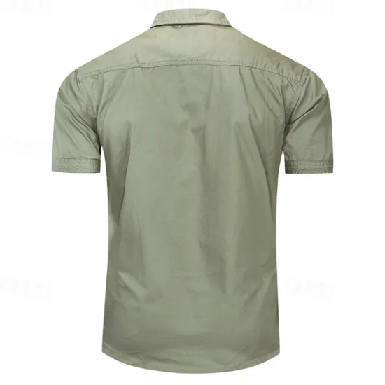 Outlet OUKU Men's Shirt Summer Shirt Casual Shirt Work Shirt Button Up Shirt Royal Blue khaki Army Green Short Sleeve Plain Lapel Vacation Holiday Front Pocket Clothing Apparel 100% Cotton Fashion Casual
