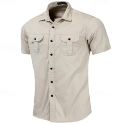 Outlet OUKU Men's Shirt Summer Shirt Casual Shirt Work Shirt Button Up Shirt Royal Blue khaki Army Green Short Sleeve Plain Lapel Vacation Holiday Front Pocket Clothing Apparel 100% Cotton Fashion Casual