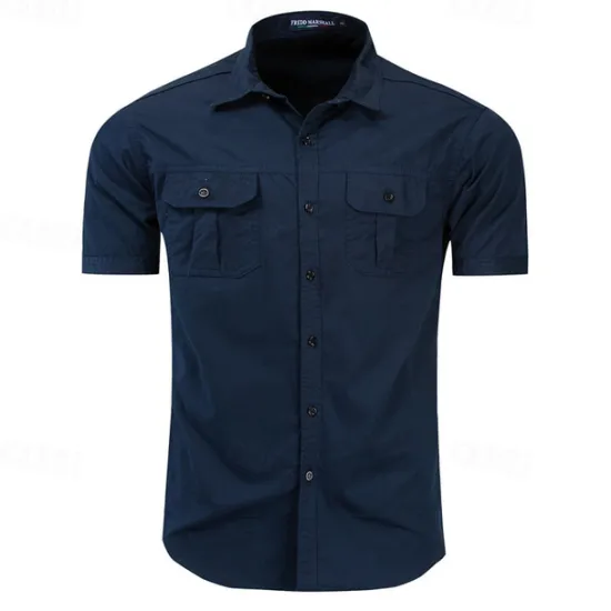 Outlet OUKU Men's Shirt Summer Shirt Casual Shirt Work Shirt Button Up Shirt Royal Blue khaki Army Green Short Sleeve Plain Lapel Vacation Holiday Front Pocket Clothing Apparel 100% Cotton Fashion Casual
