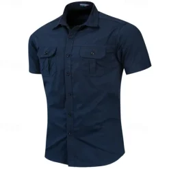 Outlet OUKU Men's Shirt Summer Shirt Casual Shirt Work Shirt Button Up Shirt Royal Blue khaki Army Green Short Sleeve Plain Lapel Vacation Holiday Front Pocket Clothing Apparel 100% Cotton Fashion Casual