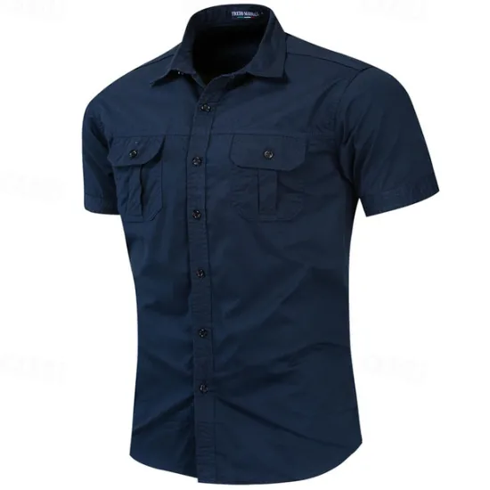 Outlet OUKU Men's Shirt Summer Shirt Casual Shirt Work Shirt Button Up Shirt Royal Blue khaki Army Green Short Sleeve Plain Lapel Vacation Holiday Front Pocket Clothing Apparel 100% Cotton Fashion Casual