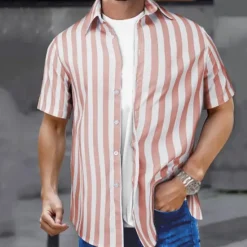 Best OUKU Men's Shirt Summer Shirt Casual Shirt Beach Shirt Button Up Shirt Black Pink Sky Blue Gray Short Sleeve Striped Lapel Vacation Hawaiian Buttons Clothing Apparel Polyester Fashion Casual Comfortable