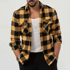 Best OUKU Men's Shirt Summer Shirt Casual Shirt Beach Shirt Button Up Shirt Overshirt Yellow Blue Long Sleeve Plaid Lapel Vacation Hawaiian Button-Down Clothing Apparel Fashion Casual Comfortable