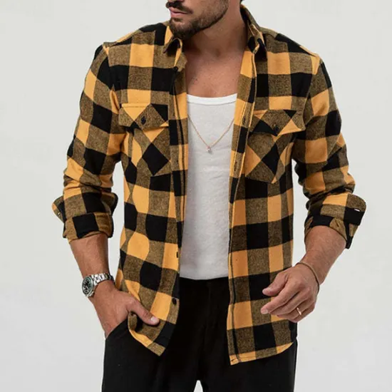Best OUKU Men's Shirt Summer Shirt Casual Shirt Beach Shirt Button Up Shirt Overshirt Yellow Blue Long Sleeve Plaid Lapel Vacation Hawaiian Button-Down Clothing Apparel Fashion Casual Comfortable