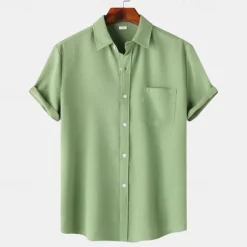 Sale OUKU Men's Shirt Summer Shirt Casual Shirt Beach Shirt Button Up Shirt White Light Green Navy Blue Blue Purple Short Sleeve Plain Lapel Vacation Hawaiian Pocket Clothing Apparel Polyester Fashion Casual