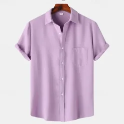 Sale OUKU Men's Shirt Summer Shirt Casual Shirt Beach Shirt Button Up Shirt White Light Green Navy Blue Blue Purple Short Sleeve Plain Lapel Vacation Hawaiian Pocket Clothing Apparel Polyester Fashion Casual