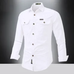 Outlet OUKU Men's Shirt Summer Shirt Casual Shirt Button Up Shirt Cargo Shirt Black White Red khaki Dark Blue Long Sleeve Plain Shirt Collar Vacation Hawaiian Pocket Clothing Apparel 100% Cotton Fashion Casual