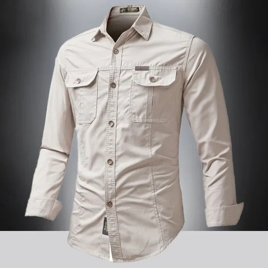 Outlet OUKU Men's Shirt Summer Shirt Casual Shirt Button Up Shirt Cargo Shirt Black White Red khaki Dark Blue Long Sleeve Plain Shirt Collar Vacation Hawaiian Pocket Clothing Apparel 100% Cotton Fashion Casual