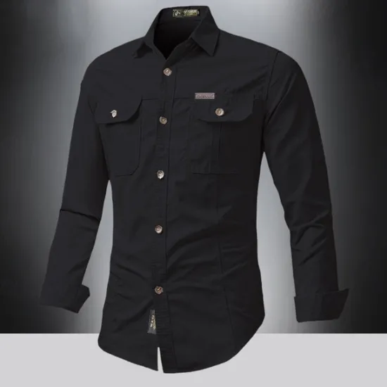 Outlet OUKU Men's Shirt Summer Shirt Casual Shirt Button Up Shirt Cargo Shirt Black White Red khaki Dark Blue Long Sleeve Plain Shirt Collar Vacation Hawaiian Pocket Clothing Apparel 100% Cotton Fashion Casual