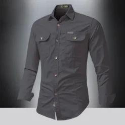Outlet OUKU Men's Shirt Summer Shirt Casual Shirt Button Up Shirt Cargo Shirt Black White Red khaki Dark Blue Long Sleeve Plain Shirt Collar Vacation Hawaiian Pocket Clothing Apparel 100% Cotton Fashion Casual