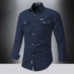 Outlet OUKU Men's Shirt Summer Shirt Casual Shirt Button Up Shirt Cargo Shirt Black White Red khaki Dark Blue Long Sleeve Plain Shirt Collar Vacation Hawaiian Pocket Clothing Apparel 100% Cotton Fashion Casual