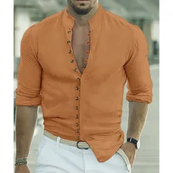 Online OUKU Men's Shirt Summer Shirt Casual Shirt Beach Shirt Button Up Shirt Black White Pink Orange Army Green Long Sleeve Plain Grandad Collar Vacation Hawaiian Buttons Clothing Apparel Fashion Casual