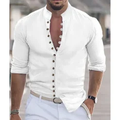 Online OUKU Men's Shirt Summer Shirt Casual Shirt Beach Shirt Button Up Shirt Black White Pink Orange Army Green Long Sleeve Plain Grandad Collar Vacation Hawaiian Buttons Clothing Apparel Fashion Casual