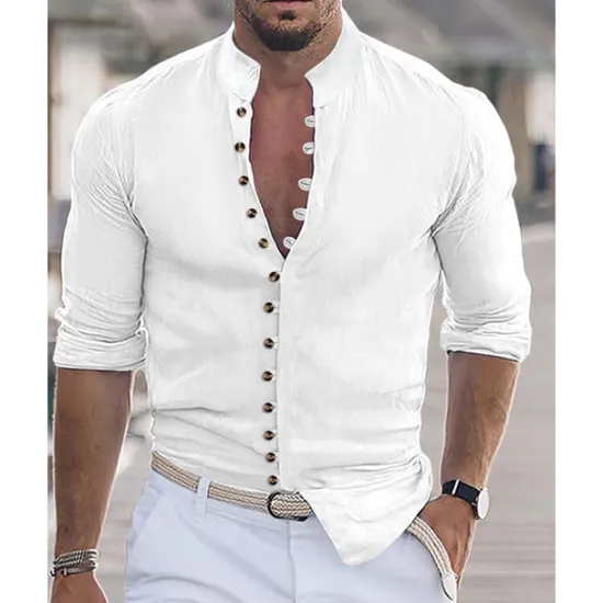 Online OUKU Men's Shirt Summer Shirt Casual Shirt Beach Shirt Button Up Shirt Black White Pink Orange Army Green Long Sleeve Plain Grandad Collar Vacation Hawaiian Buttons Clothing Apparel Fashion Casual