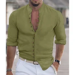 Online OUKU Men's Shirt Summer Shirt Casual Shirt Beach Shirt Button Up Shirt Black White Pink Orange Army Green Long Sleeve Plain Grandad Collar Vacation Hawaiian Buttons Clothing Apparel Fashion Casual
