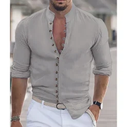 Online OUKU Men's Shirt Summer Shirt Casual Shirt Beach Shirt Button Up Shirt Black White Pink Orange Army Green Long Sleeve Plain Grandad Collar Vacation Hawaiian Buttons Clothing Apparel Fashion Casual