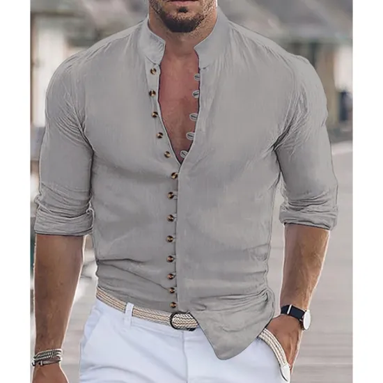 Online OUKU Men's Shirt Summer Shirt Casual Shirt Beach Shirt Button Up Shirt Black White Pink Orange Army Green Long Sleeve Plain Grandad Collar Vacation Hawaiian Buttons Clothing Apparel Fashion Casual