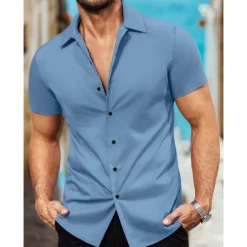 Outlet OUKU Men's Shirt Summer Shirt Casual Shirt Button Up Shirt Black White Pink Red Blue Short Sleeve Plain Collar Vacation Street Clothing Apparel Fashion Casual Comfortable