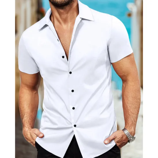 Outlet OUKU Men's Shirt Summer Shirt Casual Shirt Button Up Shirt Black White Pink Red Blue Short Sleeve Plain Collar Vacation Street Clothing Apparel Fashion Casual Comfortable
