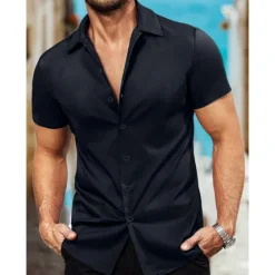 Outlet OUKU Men's Shirt Summer Shirt Casual Shirt Button Up Shirt Black White Pink Red Blue Short Sleeve Plain Collar Vacation Street Clothing Apparel Fashion Casual Comfortable