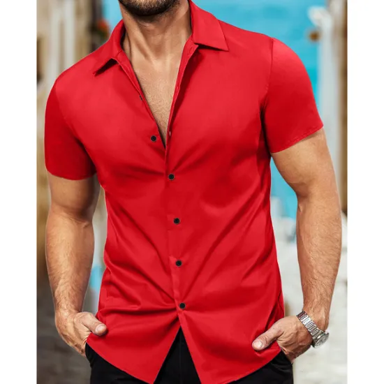 Outlet OUKU Men's Shirt Summer Shirt Casual Shirt Button Up Shirt Black White Pink Red Blue Short Sleeve Plain Collar Vacation Street Clothing Apparel Fashion Casual Comfortable