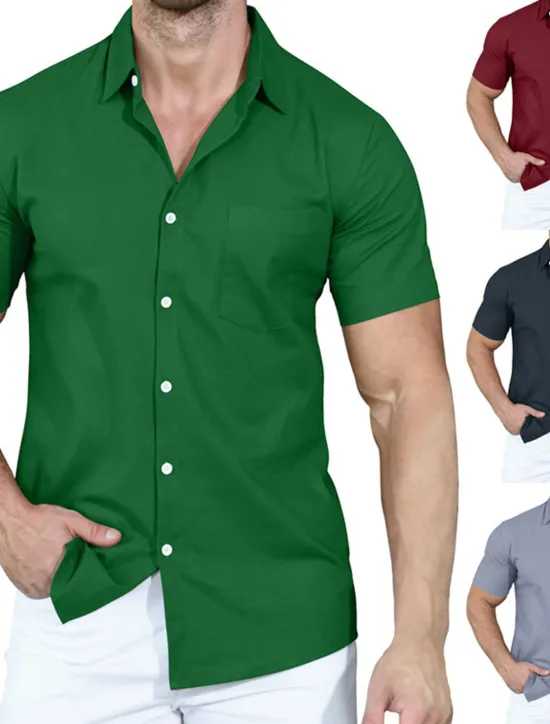 Clearance OUKU Men's Shirt Summer Shirt Casual Shirt Button Up Shirt White Pink Wine Navy Blue Camel Short Sleeve Plain Lapel Vacation Daily Front Pocket Clothing Apparel Polyester Fashion Casual Comfortable