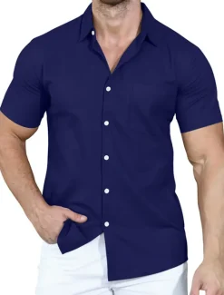 Clearance OUKU Men's Shirt Summer Shirt Casual Shirt Button Up Shirt White Pink Wine Navy Blue Camel Short Sleeve Plain Lapel Vacation Daily Front Pocket Clothing Apparel Polyester Fashion Casual Comfortable