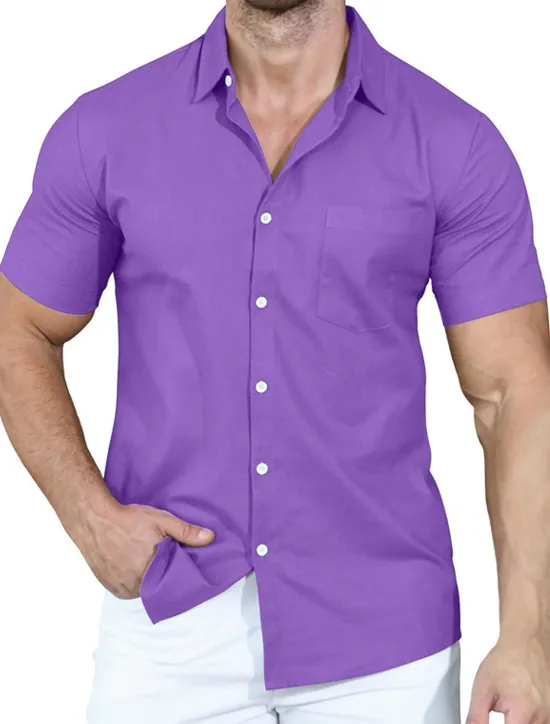 Clearance OUKU Men's Shirt Summer Shirt Casual Shirt Button Up Shirt White Pink Wine Navy Blue Camel Short Sleeve Plain Lapel Vacation Daily Front Pocket Clothing Apparel Polyester Fashion Casual Comfortable