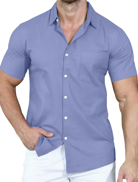 Clearance OUKU Men's Shirt Summer Shirt Casual Shirt Button Up Shirt White Pink Wine Navy Blue Camel Short Sleeve Plain Lapel Vacation Daily Front Pocket Clothing Apparel Polyester Fashion Casual Comfortable