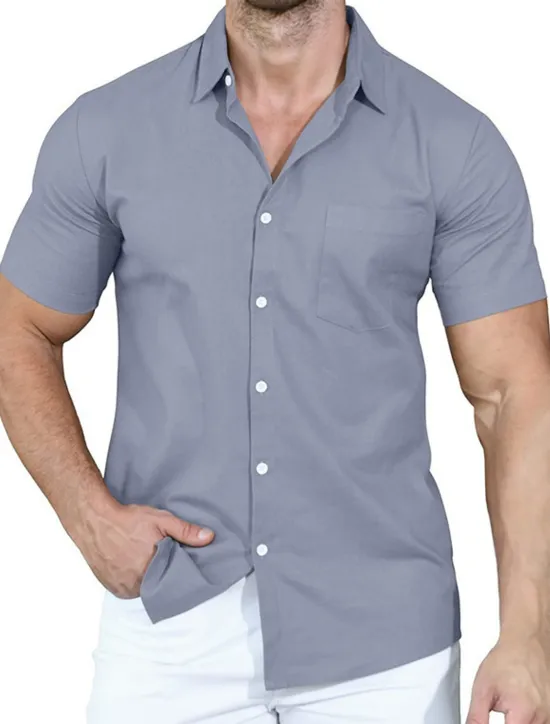 Clearance OUKU Men's Shirt Summer Shirt Casual Shirt Button Up Shirt White Pink Wine Navy Blue Camel Short Sleeve Plain Lapel Vacation Daily Front Pocket Clothing Apparel Polyester Fashion Casual Comfortable