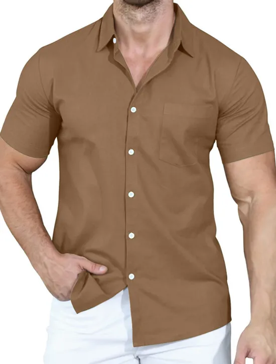 Clearance OUKU Men's Shirt Summer Shirt Casual Shirt Button Up Shirt White Pink Wine Navy Blue Camel Short Sleeve Plain Lapel Vacation Daily Front Pocket Clothing Apparel Polyester Fashion Casual Comfortable