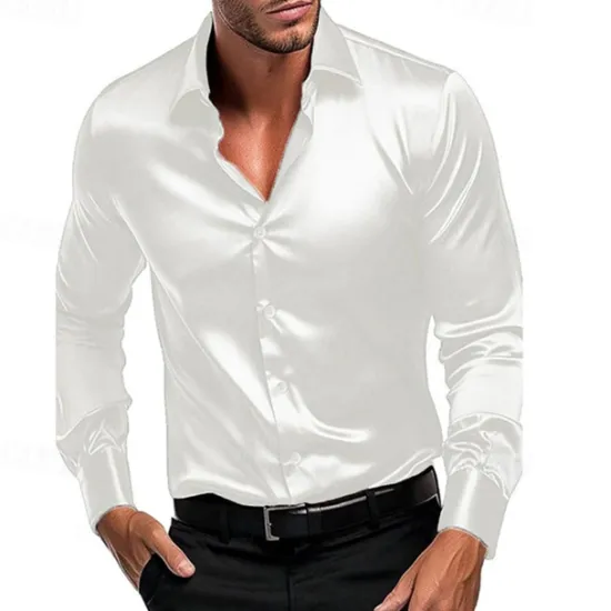 Sale OUKU Men's Shirt Summer Shirt Casual Shirt Beach Shirt Button Up Shirt Black White Wine Royal Blue Green Long Sleeve Plain Lapel Vacation Hawaiian Button-Down Clothing Apparel Polyester Fashion Casual