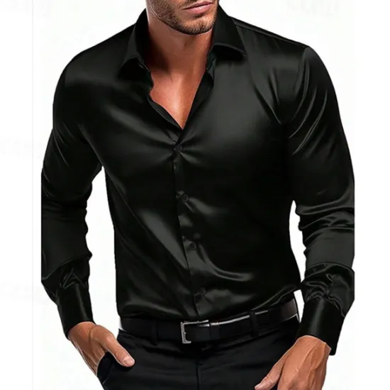 Sale OUKU Men's Shirt Summer Shirt Casual Shirt Beach Shirt Button Up Shirt Black White Wine Royal Blue Green Long Sleeve Plain Lapel Vacation Hawaiian Button-Down Clothing Apparel Polyester Fashion Casual