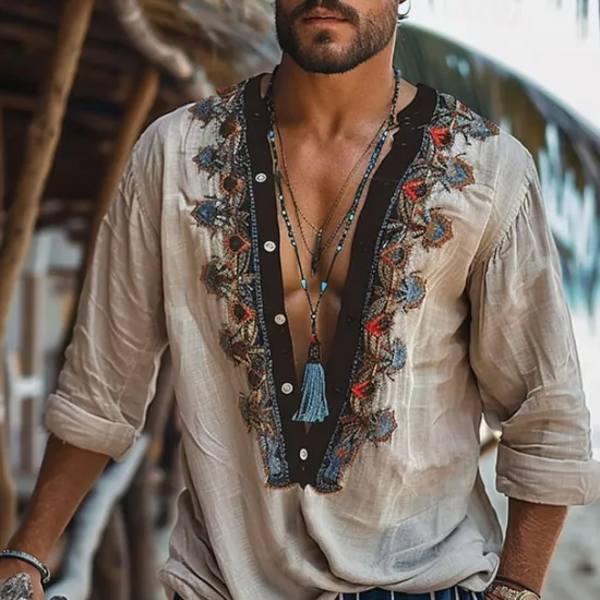 Clearance OUKU Men's Shirt Summer Shirt Casual Shirt Beach Shirt khaki Long Sleeve Embroidery Bohemian Deep V Vacation Hawaiian Ethnic Clothing Apparel Polyester Fashion Casual Comfortable