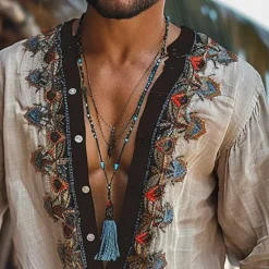 Clearance OUKU Men's Shirt Summer Shirt Casual Shirt Beach Shirt khaki Long Sleeve Embroidery Bohemian Deep V Vacation Hawaiian Ethnic Clothing Apparel Polyester Fashion Casual Comfortable