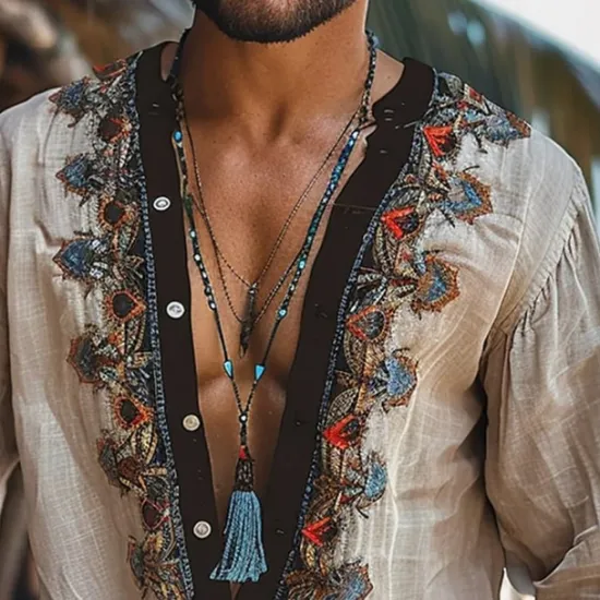 Clearance OUKU Men's Shirt Summer Shirt Casual Shirt Beach Shirt khaki Long Sleeve Embroidery Bohemian Deep V Vacation Hawaiian Ethnic Clothing Apparel Polyester Fashion Casual Comfortable