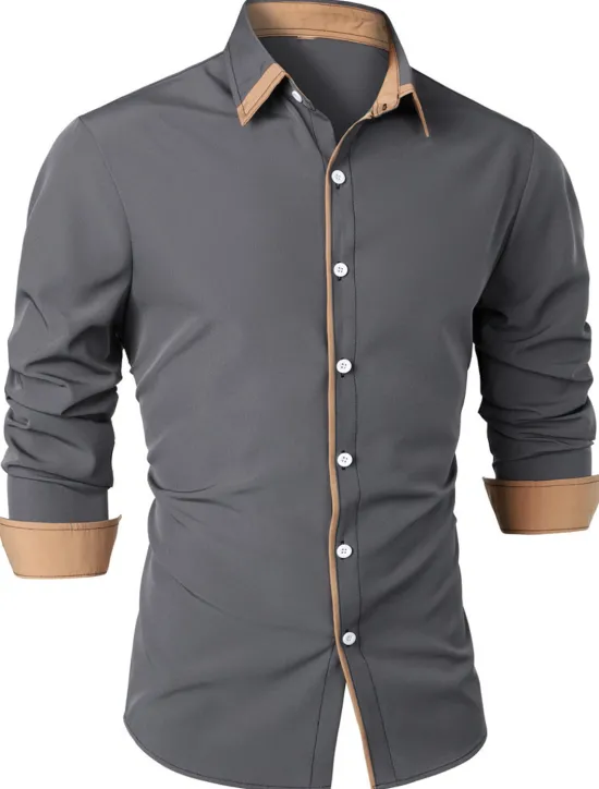 OUKU Men's Shirt Summer Shirt Casual Shirt Collared Shirt Button Up Shirt Black Navy Blue Army Green Dark Gray Gray Long Sleeve Plain Lapel Vacation Daily Clothing Apparel Cotton Cotton Blend Fashion