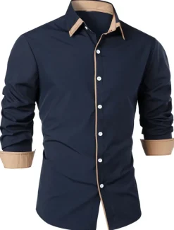 OUKU Men's Shirt Summer Shirt Casual Shirt Collared Shirt Button Up Shirt Black Navy Blue Army Green Dark Gray Gray Long Sleeve Plain Lapel Vacation Daily Clothing Apparel Cotton Cotton Blend Fashion