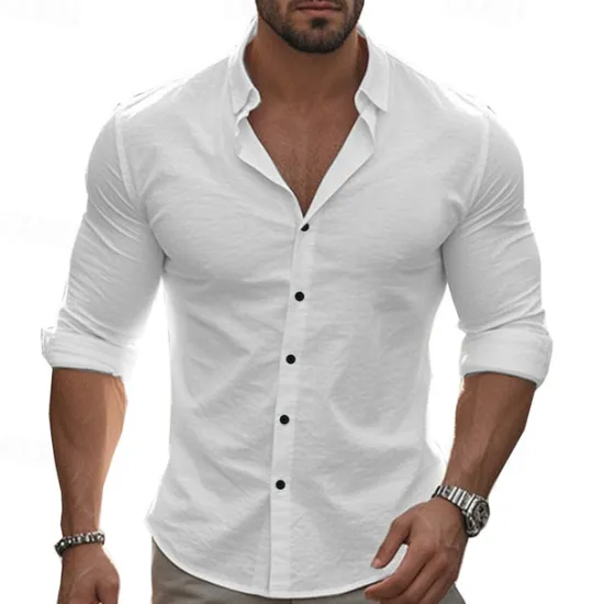Hot OUKU Men's Shirt Summer Shirt Casual Shirt Beach Shirt Button Up Shirt Black White khaki Dark Gray Light Blue Long Sleeve Plain Lapel Vacation Hawaiian Button-Down Clothing Apparel 100% Cotton Fashion