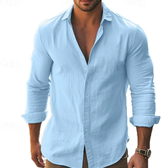 Hot OUKU Men's Shirt Summer Shirt Casual Shirt Beach Shirt Button Up Shirt Black White khaki Dark Gray Light Blue Long Sleeve Plain Lapel Vacation Hawaiian Button-Down Clothing Apparel 100% Cotton Fashion
