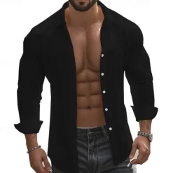 Hot OUKU Men's Shirt Summer Shirt Casual Shirt Beach Shirt Button Up Shirt Black White khaki Dark Gray Light Blue Long Sleeve Plain Lapel Vacation Hawaiian Button-Down Clothing Apparel 100% Cotton Fashion