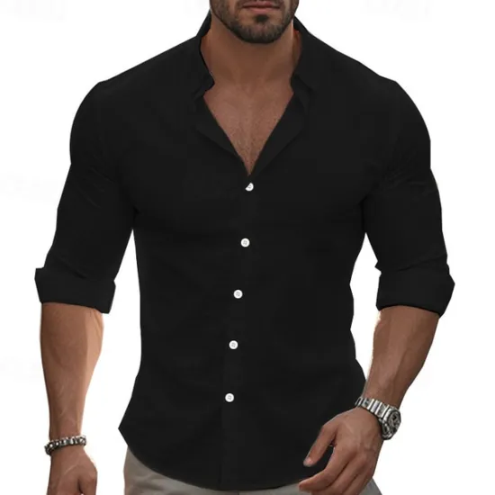 Hot OUKU Men's Shirt Summer Shirt Casual Shirt Beach Shirt Button Up Shirt Black White khaki Dark Gray Light Blue Long Sleeve Plain Lapel Vacation Hawaiian Button-Down Clothing Apparel 100% Cotton Fashion