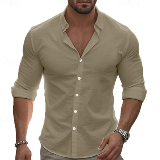 Hot OUKU Men's Shirt Summer Shirt Casual Shirt Beach Shirt Button Up Shirt Black White khaki Dark Gray Light Blue Long Sleeve Plain Lapel Vacation Hawaiian Button-Down Clothing Apparel 100% Cotton Fashion