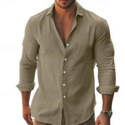Hot OUKU Men's Shirt Summer Shirt Casual Shirt Beach Shirt Button Up Shirt Black White khaki Dark Gray Light Blue Long Sleeve Plain Lapel Vacation Hawaiian Button-Down Clothing Apparel 100% Cotton Fashion