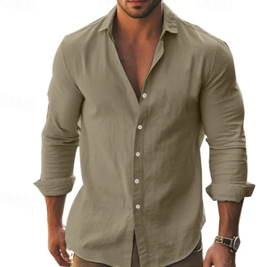 Hot OUKU Men's Shirt Summer Shirt Casual Shirt Beach Shirt Button Up Shirt Black White khaki Dark Gray Light Blue Long Sleeve Plain Lapel Vacation Hawaiian Button-Down Clothing Apparel 100% Cotton Fashion